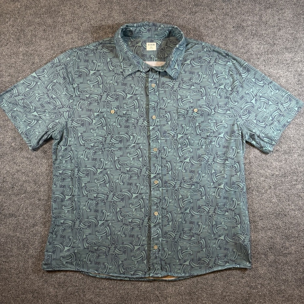 ROWM Men's XXL Rec + Relax Short Sleeve Button Down Teal Abstract Swirl Print